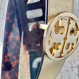 Reversible Metallic & Tortoise Tory Burch Logo Belt